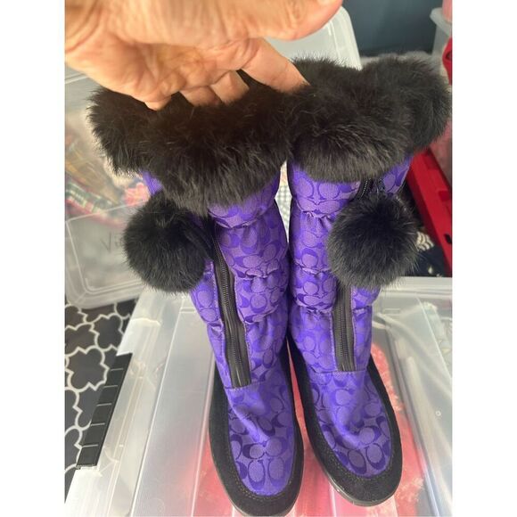 COACH Women's Purple Theona Signature Jacquard Rabbit Fur Winter Boots - Picture 1 of 9